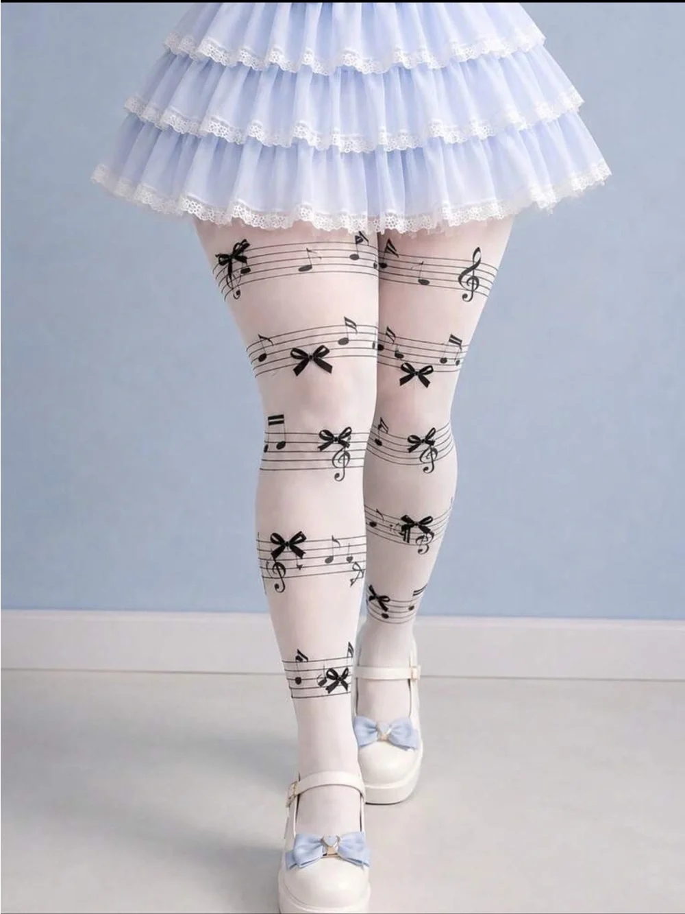 White Tights with Black Music Note & Bow Print